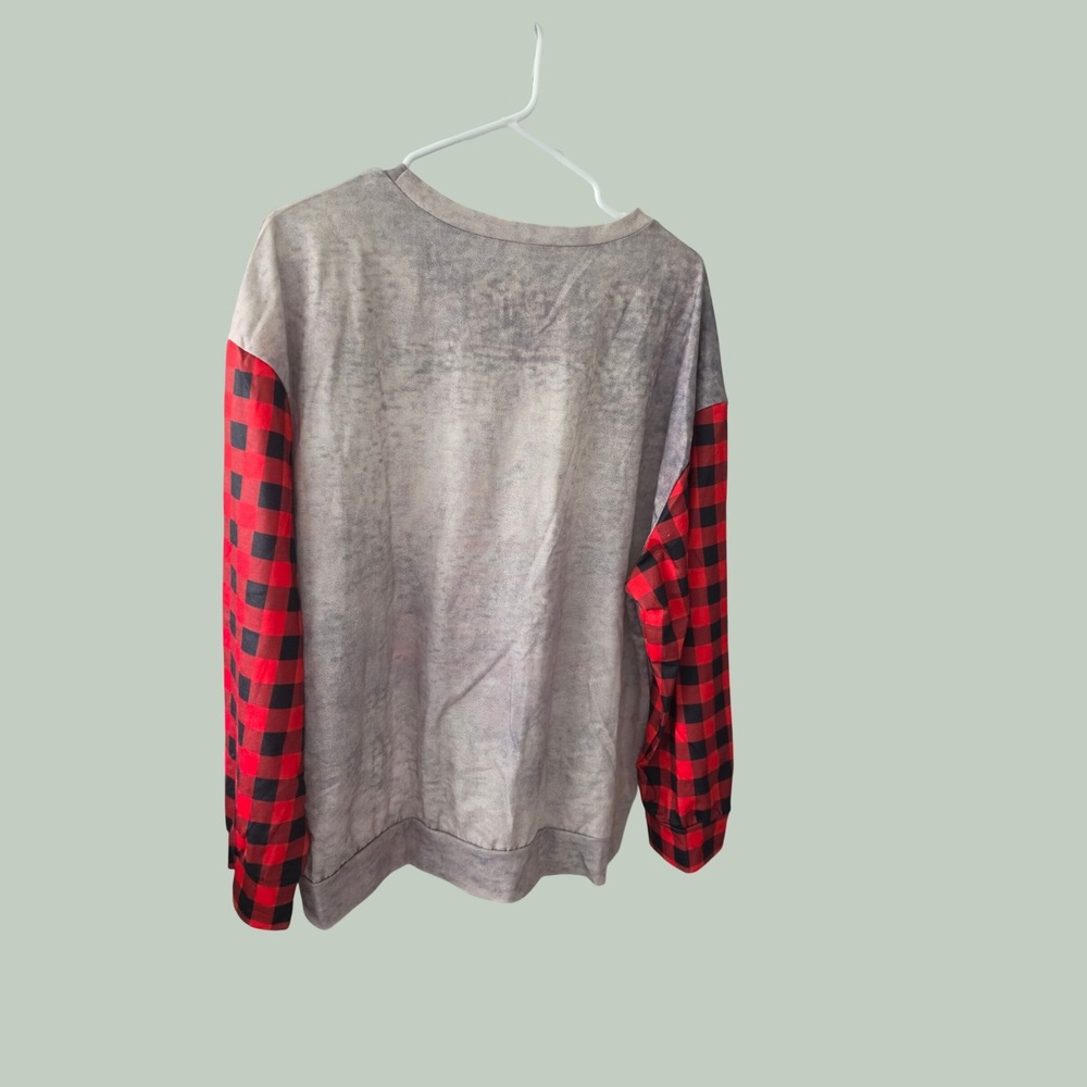 Unbranded Christmas Tree Sweatshirt Women 1XL Grey Red Plaid Excellent Holiday - Picture 2 of 7